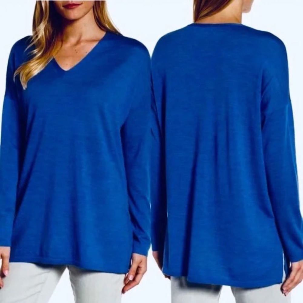 Eileen Fisher 100% Merino Wool Tunic 3/4 Sleeve Sweater Dark Royal Blue Size S